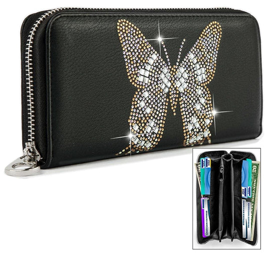 Rhinestone Butterfly Accordion Wallet - Black