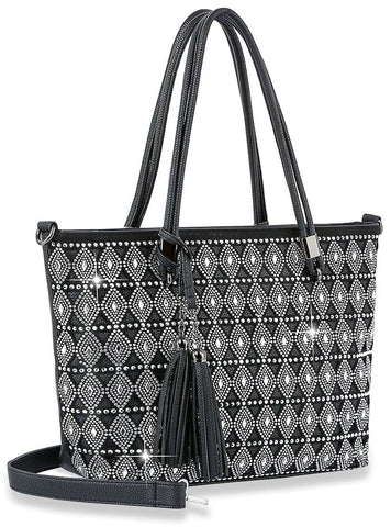 Tassel Accented Diamond Pattern Tote - Black