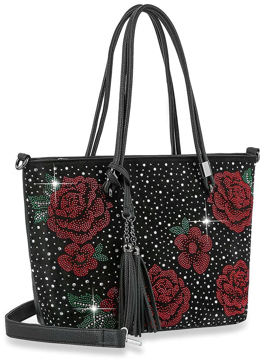 Red Rose Rhinestone Shopper Style Tote - Black