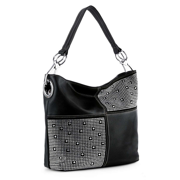 Four Square Rhinestone Accent Hobo - Black – handbagexpress