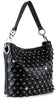 The Layered Petal Studded Hobo Handbag is a black faux leather bag with a shoulder strap, featuring layered scalloped panels and shiny studs for a sparkling, textured look. Its even compatible with tablets.