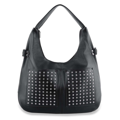 Rhinestone Front Pocket Hobo Handbag - Black