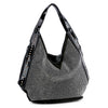 Patent Trim Rhinestone Hobo Handbag - Black