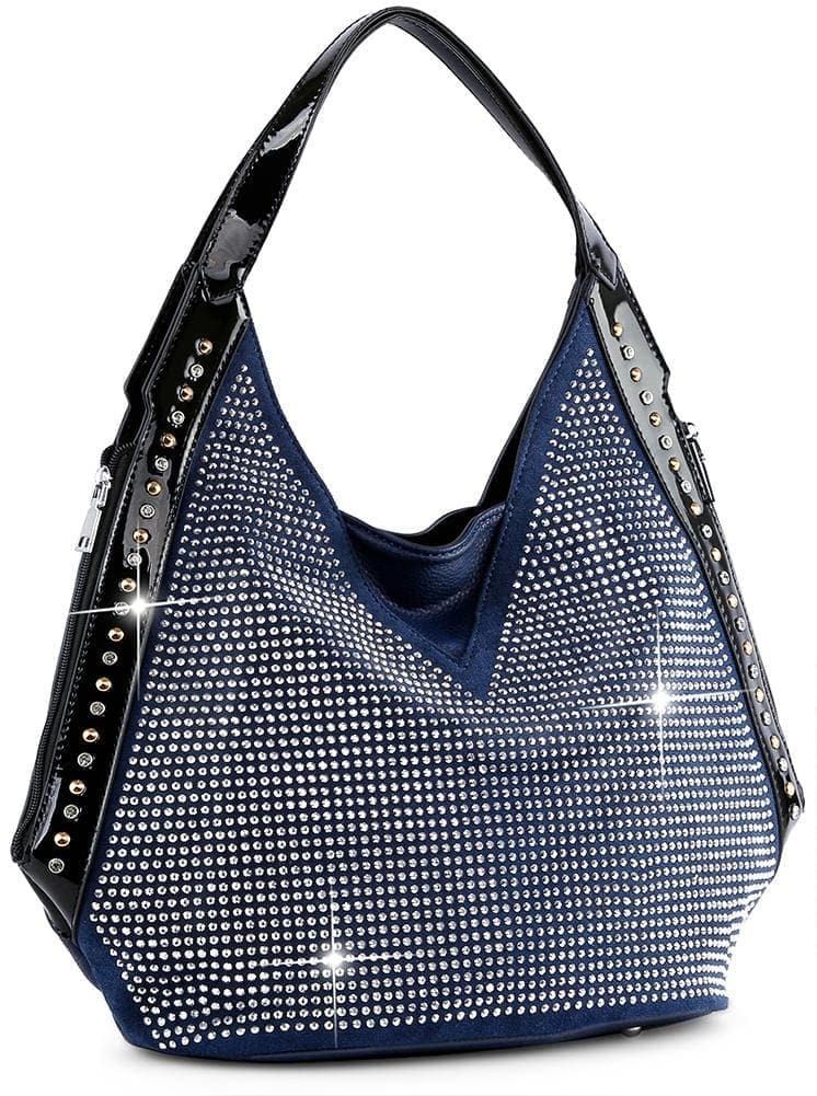 Patent Trim Rhinestone Hobo Handbag - Navy