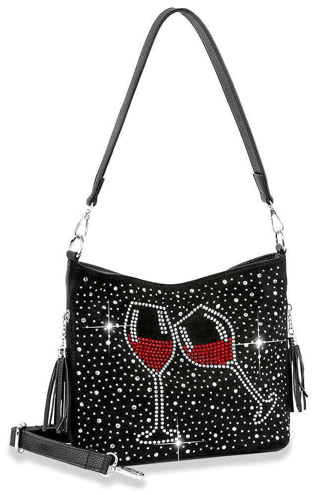 Red Wine Cheers Rhinestone Hobo Crossbody Sling - Black