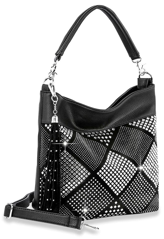 Diamond Pattern Rhinestone Hobo Handbag - Black