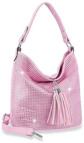 Tassel Accent Colored Stone Hobo Handbag - Pink