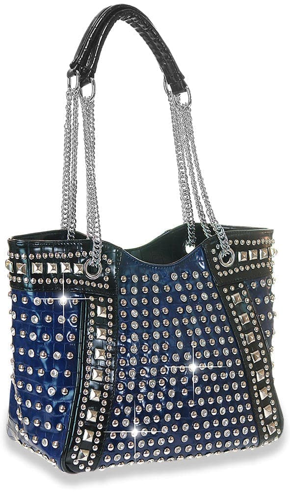 Embossed Rhinestone Accented Tote - Navy