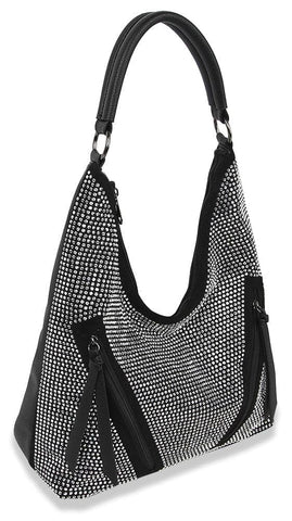 Front Pocket Sparkling Hobo Handbag - Black