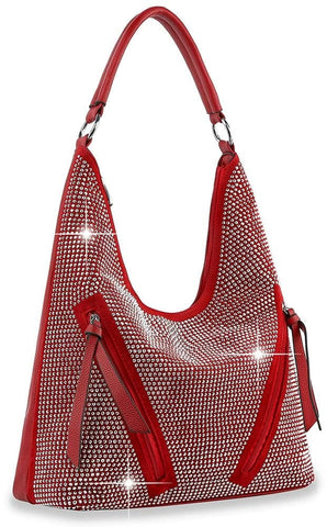 Front Pocket Sparkling Hobo Handbag - Red