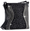 The Brilliant Rhinestone and Lace Crossbody Sling is a black faux leather handbag with silver studs, sparkling rhinestones, a central floral lace pattern, and a glossy black strap.