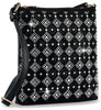 The Diamond Stone Pattern Crossbody Sling is a black faux leather bag with a diagonal checkerboard of rhinestones, black flower accents, an adjustable strap, metallic hardware, and a secure top zip closure.