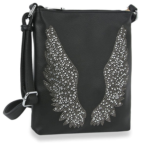 Wings Design Rhinestone Crossbody Sling - Black