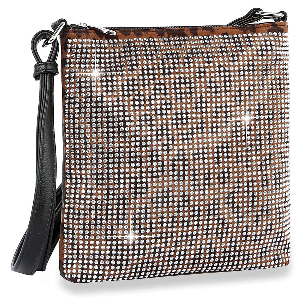 Leopard Print Rhinestone Crossbody Sling - Black