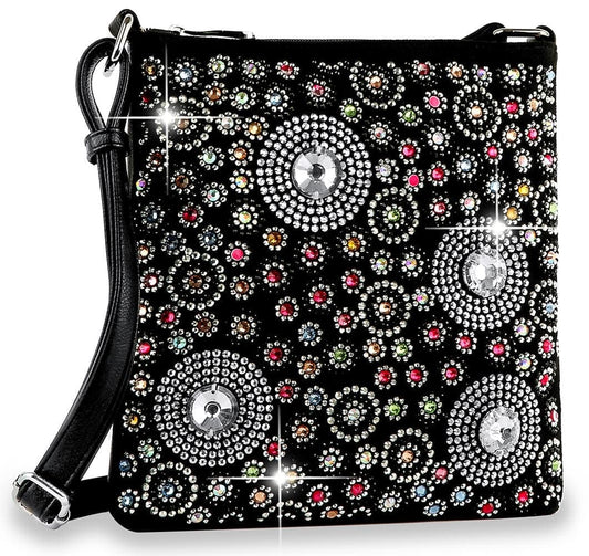 Circle Pattern Colorful Rhinestone Crossbody Sling - Black