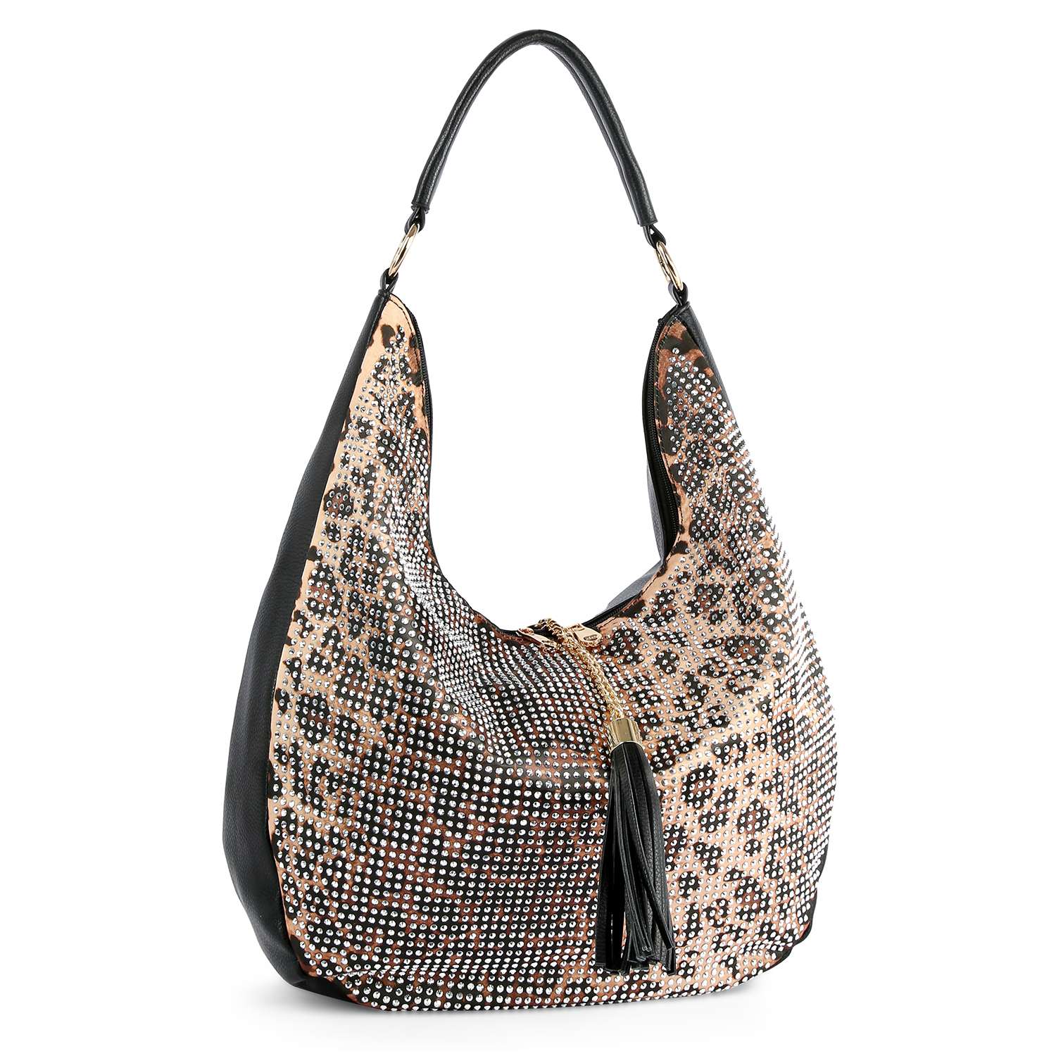Leopard Print Rhinestone Covered Hobo Handbag