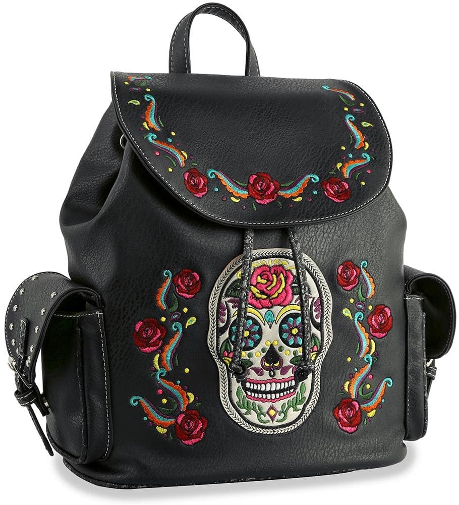 Sugar Skull Embroidered Fashion Backpack - Black