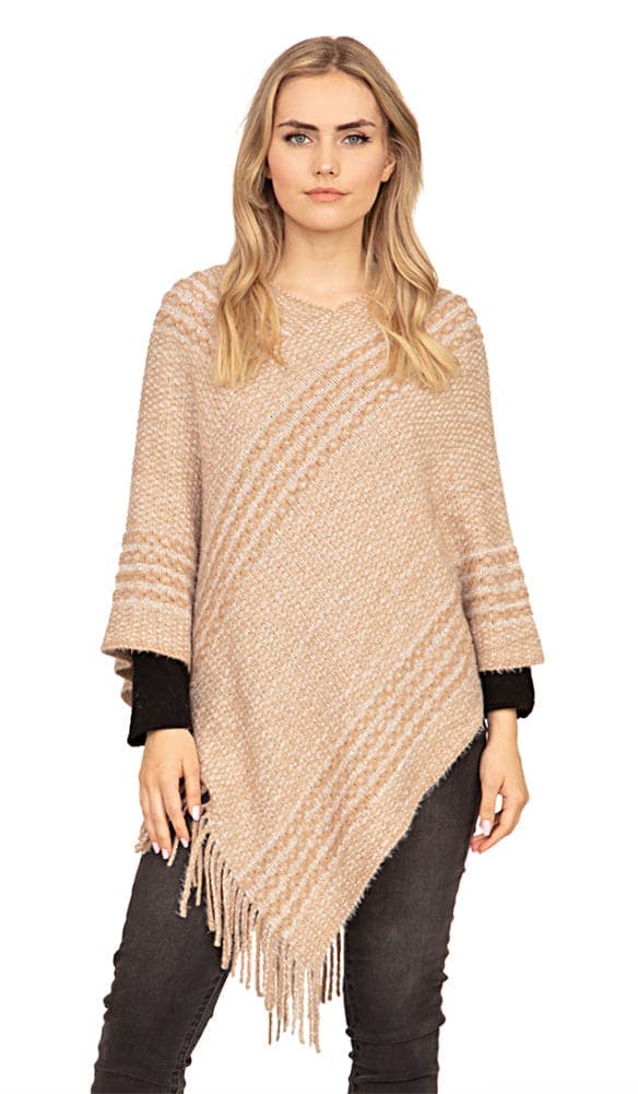 Striped Tassel Accented Poncho - Taupe
