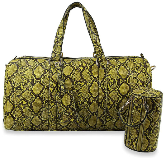 Large Snakeskin Print Embossed Duffle Set - Olive