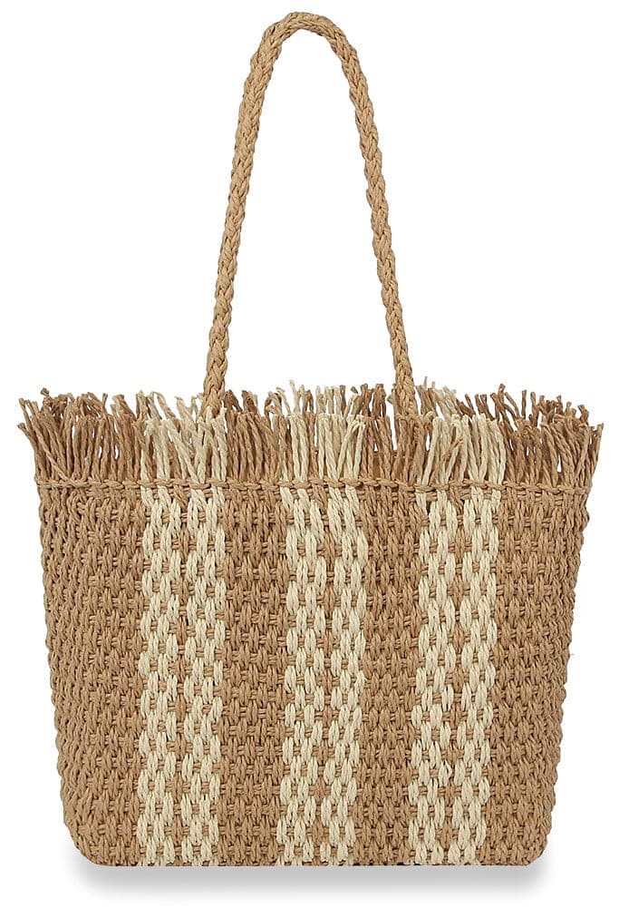 Woven Stripe Summer Straw Tote - Taupe