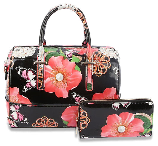 Patent Floral Satchel Handbag Set - LY097-1W-BK