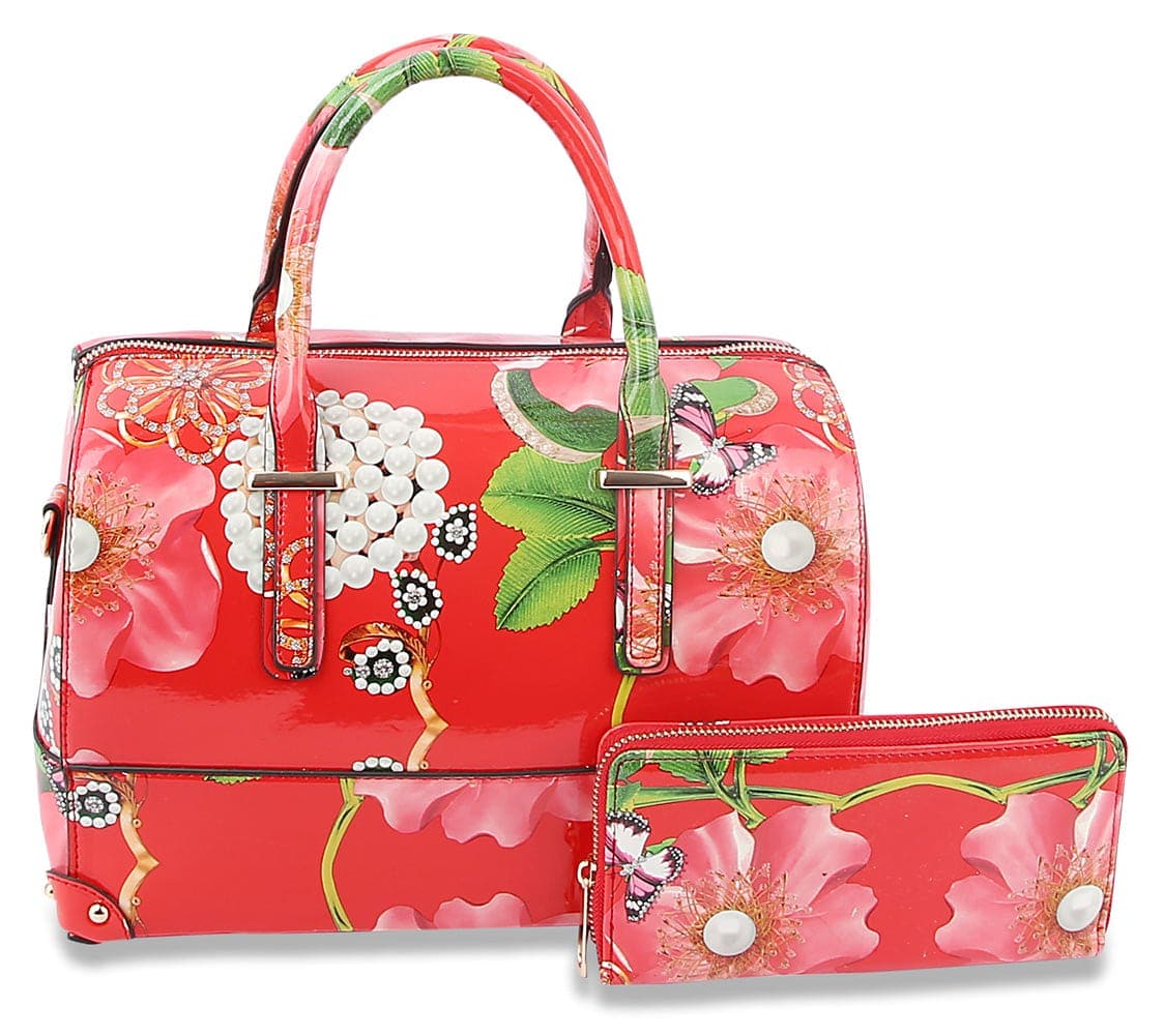 Patent Floral Satchel Handbag Set - LY097-1W-RD
