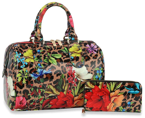 Floral Leopard Print Patent Satchel Set - JY-0296W-RGD