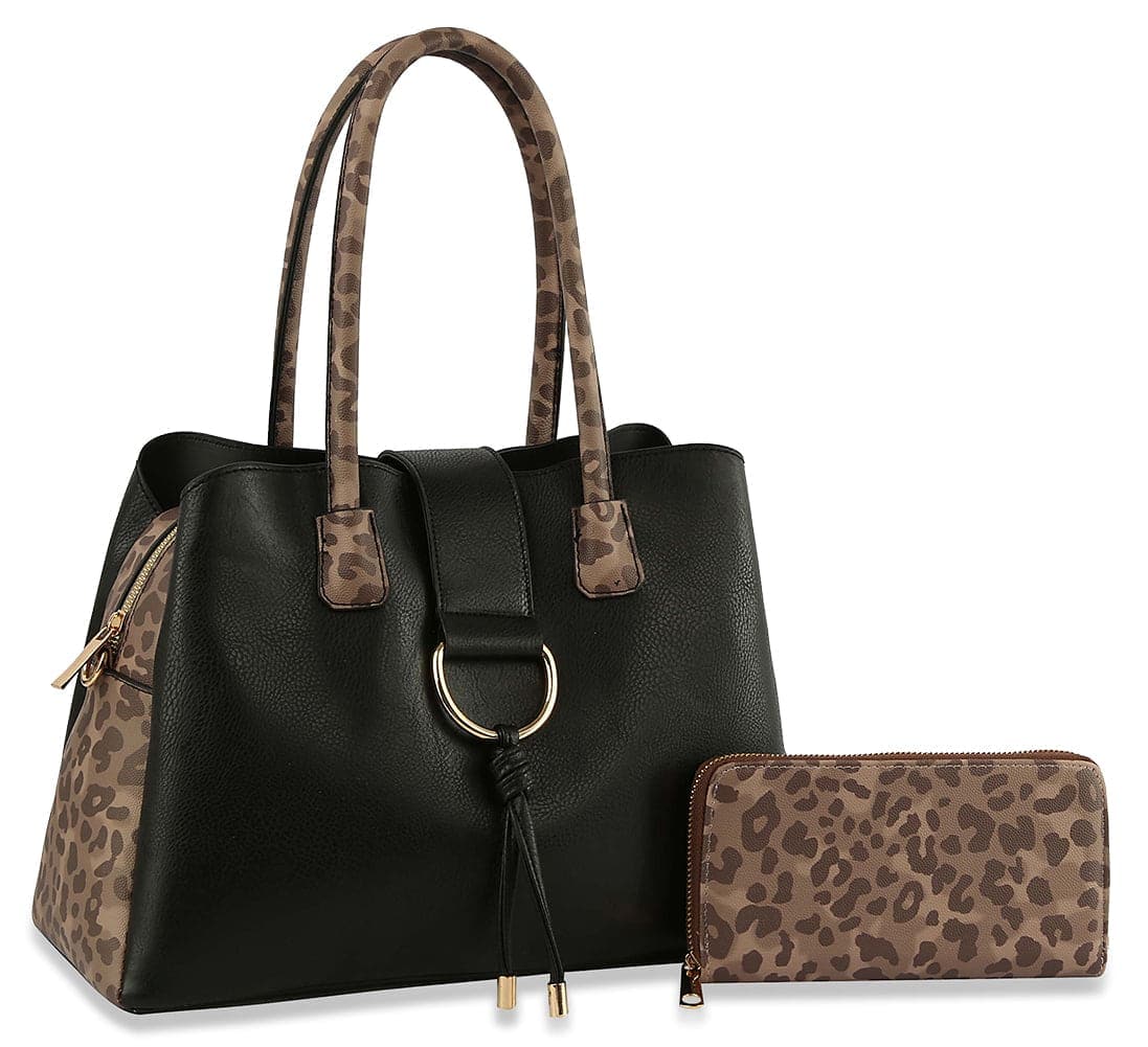 Leopard Accented Tote Handbag Set - D-0692W-BK